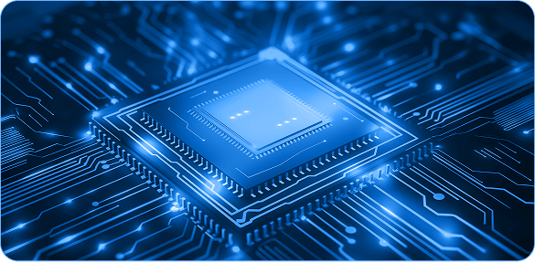 Glowing microchip on a circuit board